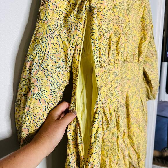 DEREK LAM COLLECTIVE Paisley Yellow Floral Puff Sleeves Flared Hemline Dress 48 - Picture 12 of 12